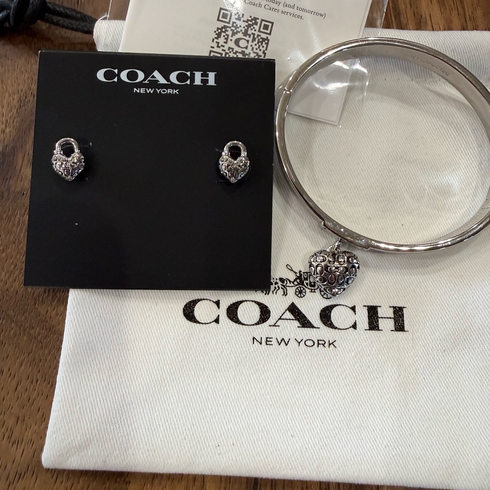 Coach Silver Heart Padlock Stud Earring and Bracelet Set